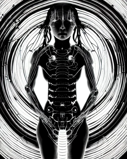 Image similar to black and white artistic photo, young female cyborg - plant goddess, microchip, artificial intelligence, bio - mechanical bio - luminescence, black wired cables, cinematic, rim light, photo - realistic, 8 k, in the style of dora maar and h. g. giger