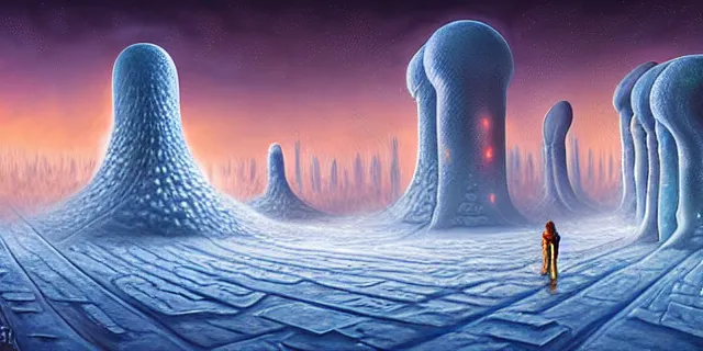 Image similar to painting artic snow covered alien mushroom labyrinth consuming futuristic mega city from blade in the style of florapunk by tomasz alen kopera and daniel lieske with futuristic castle by simon stahlenhag