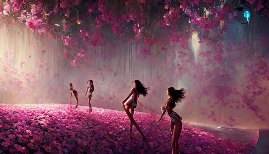 Image similar to victoria secret runway show, light, shadows, reflections, flowers, epic composition, intricate, elegant, volumetric lighting, digital painting, highly detailed, artstation, sharp focus, illustration, concept art, artgerm and mina petrovic and timothy kong and marina federovna, ruan jia, steve mccurry,