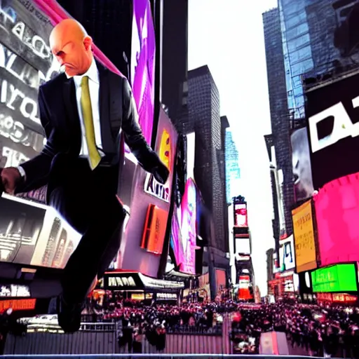 Image similar to a picture of agent 4 7 swinging in nyc times square, photorealistic