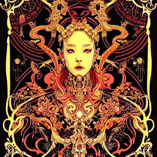 Prompt: jisoo + blackpink + elements + red + gold + neon + baroque + rococo + white + orange + ink + tarot card, ornate + by marc simonetti, paul pope, peter mohrbacher, detailed, intricate ink illustration + damask + award winning + 8 k