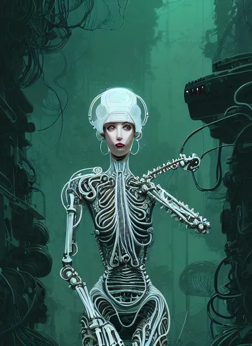 Prompt: highly detailed portrait of a biomechanical long curly white hair tribal lady, stray wiring by atey ghailan, james gilleard, by joe fenton, by greg rutkowski, by greg tocchini, by kaethe butcher, 4 k resolution, gradient green, black and white color scheme!!! ( ( forested robotic dense jungle background ) )