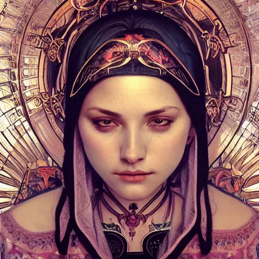 Image similar to Virgin Mary, facial tattoos, artists portrait, biomechanical, heaven, fantasy, highly detailed, digital painting, concept art, sharp focus, depth of field blur, illustration, art by artgerm and greg rutkowski and alphonse mucha