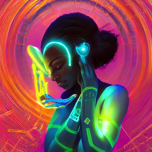 Image similar to african neon goddess, science fiction, highly detailed, digital painting, beautiful eyes, symmetry, concept art, sharp focus, illustration, global illumination, radiant light, synthwave colors, detailed and intricate environment, art by artgerm and greg rutkowski and magali villeneuve and ilya kuvshinov!