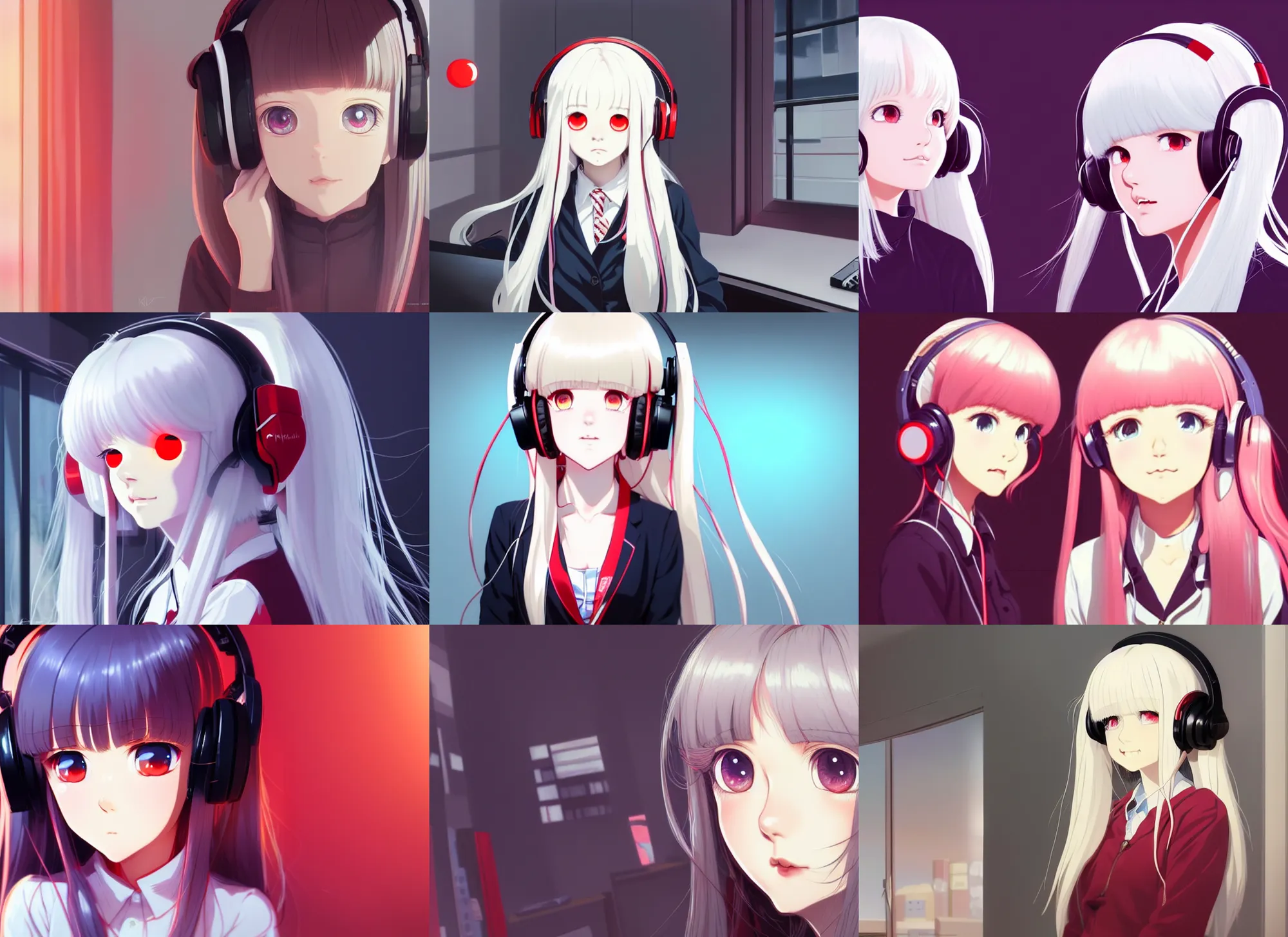 Prompt: portrait of a cute girl, with red eyes!!!! and long white hair!!!! wearing a headset in her room interior, finely detailed cute face, anime art by katsuhiro otomo, ilya kuvshinov, kyoani, headshot, ambient lighting, cinematic still,