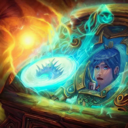 Image similar to giant eye magic spell, magic spell surrounded by magic smoke, some floating magic cards in the background, hearthstone coloring style, epic fantasy style art, fantasy epic digital art