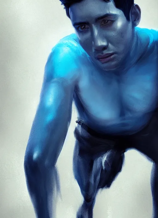 Prompt: young peruvian man with short black hair, male, dressed in blue, looking down, half body shot, arms down, path traced, highly detailed, high quality, digital painting, bastien lecouffe - deharme