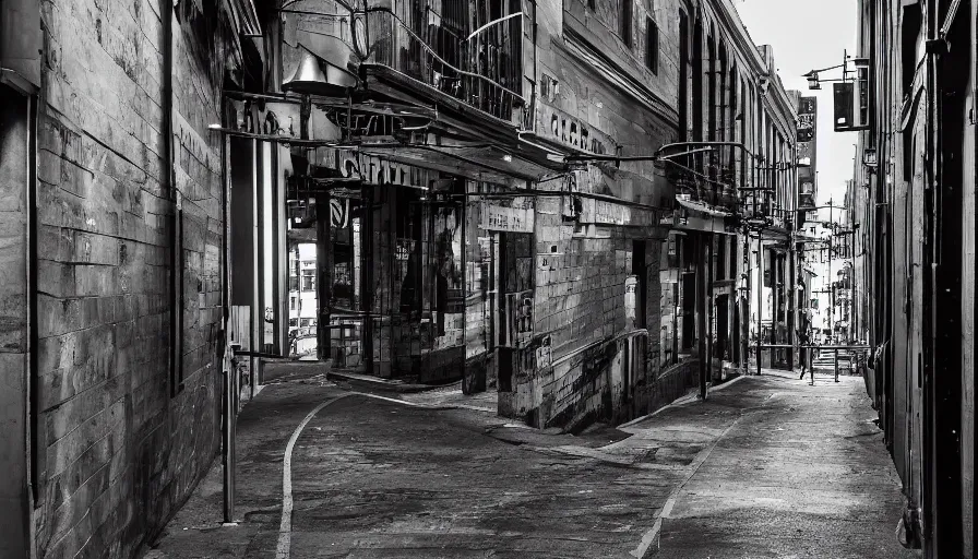 Image similar to old inner city sydney city, australia. black and white photography. dark energy 8 k