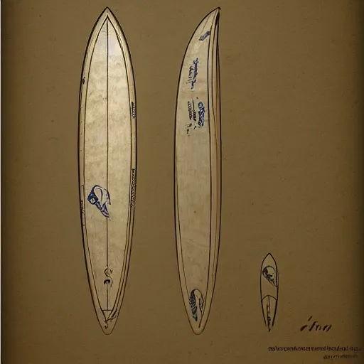 Image similar to blueprint sketch of a beautiful surfboard painted by leonardo da vinci, technical sketch, high detail, charocal drawing, firewire gofish, pukas surfboards, channel island surfboards