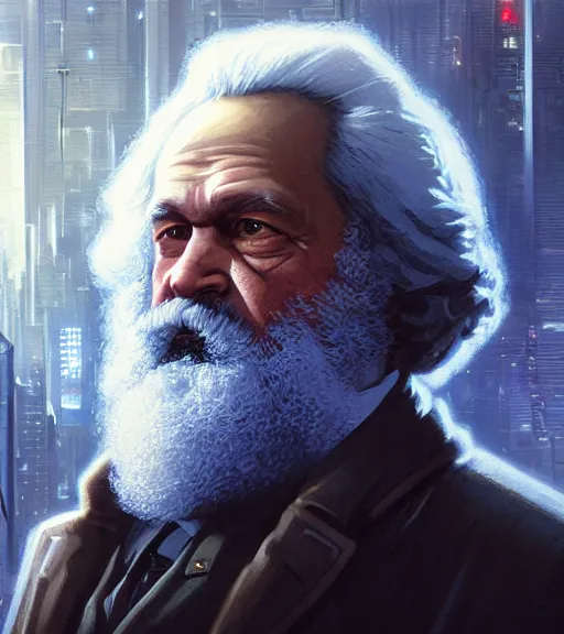 Image similar to highly detailed portrait of karl marx in cyberpunk, cyborg, stephen bliss, unreal engine, fantasy art by greg rutkowski, loish, rhads, ferdinand knab, makoto shinkai and lois van baarle, ilya kuvshinov, rossdraws, tom bagshaw, global illumination, radiant light, detailed and intricate environment