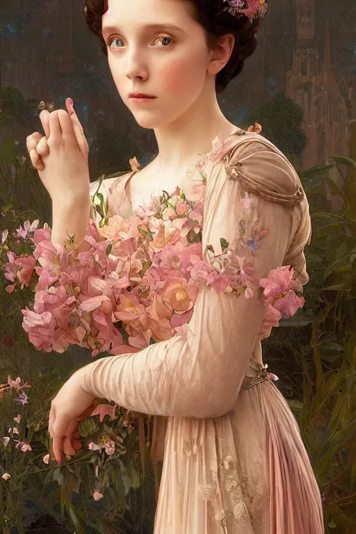 Prompt: a beautiful painting of a blushing princess in a tiara and an iridescent art nouveau gown resembling millie bobby brown watching the lantern festival in ancient london, intricate, elegant, highly detailed, digital painting, artstation, concept art, by krenz cushart and artem demura and william adolph bouguereau and alphonse mucha