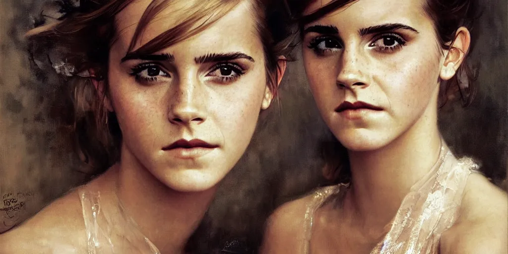 Image similar to emma watson frowning detailed portrait painting by gaston bussiere craig mullins j. c. leyendecker photograph by richard avedon peter lindbergh annie leibovitz