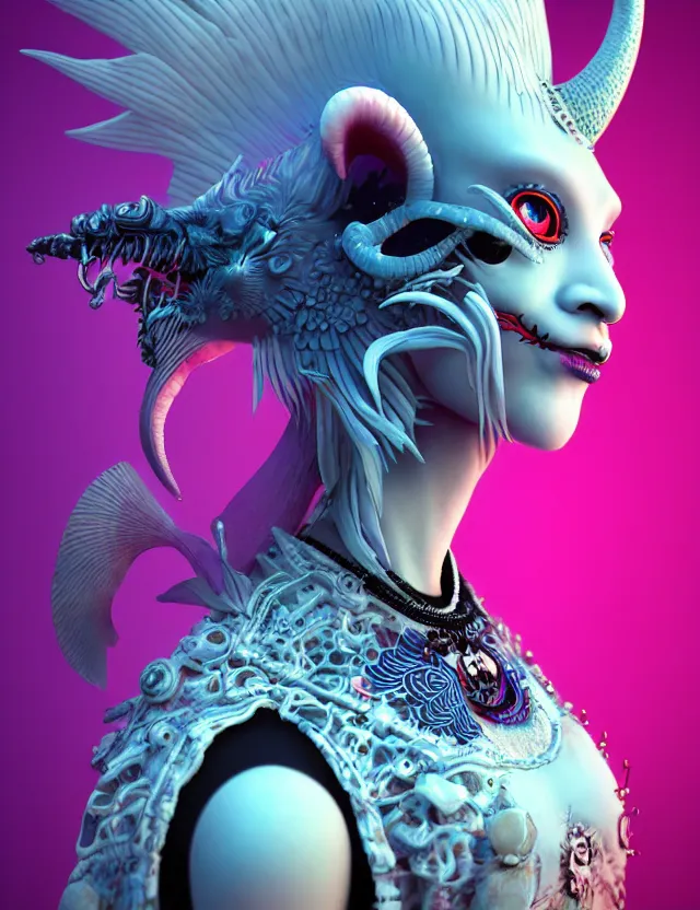 Image similar to 3 d goddess close - up profile simple portrait punk with mohawk with goat skull. beautiful intricately detailed japanese crow kitsune mask and clasical japanese kimono. betta fish, jellyfish phoenix, bio luminescent, plasma, ice, water, wind, creature, artwork by tooth wu and wlop and beeple and greg rutkowski