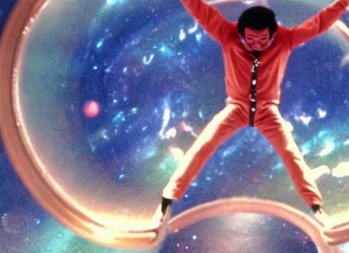 Image similar to film still of young old Cheech Marin flying through wormhole as Dr. Dave Bowman in 2001 A Space Odyssey