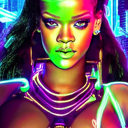 Prompt: rihanna as cyberpunk goddess in neon city