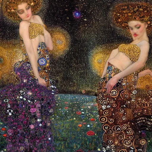 Image similar to dreamy angels, in the cosmos, intricate long shelve robes, intricate detail, klimt, royo,