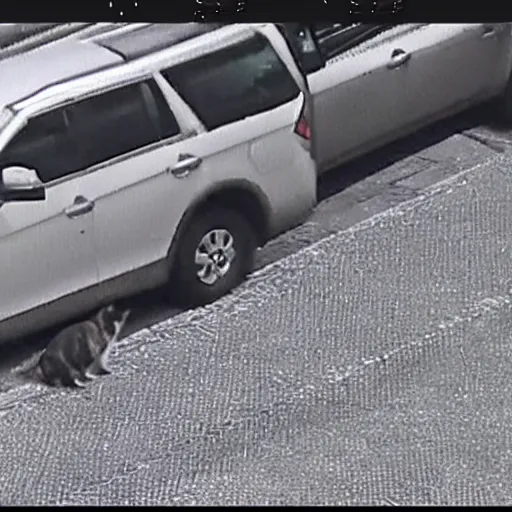 Prompt: cctv footage of fat cat in parking lot