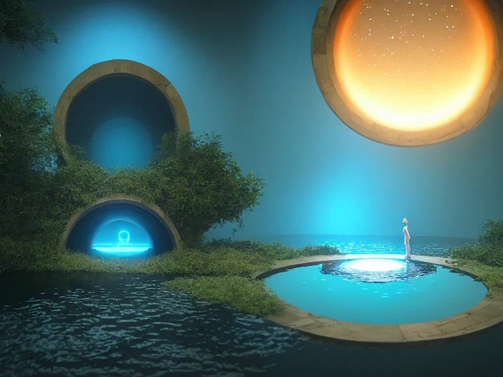 Prompt: a magical circular portal to another world in a lake opening under the water, lights, magical, ethereal, sci - fi, art, 8 k render octane high definition