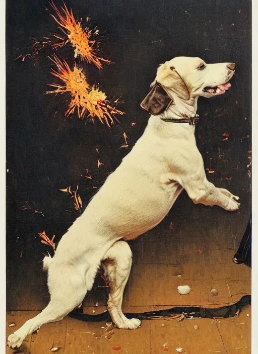 Image similar to a norman rockwell painting of an exploding dog