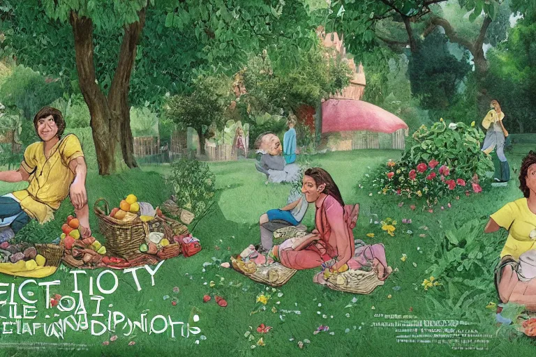 Prompt: An Utopia : In a large city, old roads are transformed into a gardens growing fruits and vegetables, a family composed of two women from different etnicity and a genderless child, are having a Picnic and reading philosophy by Eric Rohmer, close-up, 8K, award winning movie, 16mm, very beautiful, stunning, calm atmosphere, warm