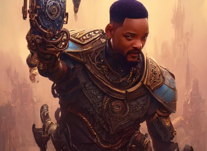 Image similar to will smith as oscar diggs, intricate, d & d, fantasy, art nouveau, digital painting, trending on artstation, sharp focus, wide shot, illustration, global illumination, ray tracing, art by artgerm and greg rutkowski and ruan jia