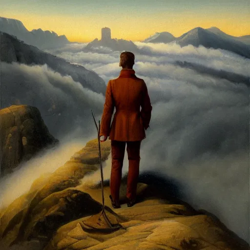 Prompt: painting of a wanderer wearing a suit above the sea of fog standing atop the mountain