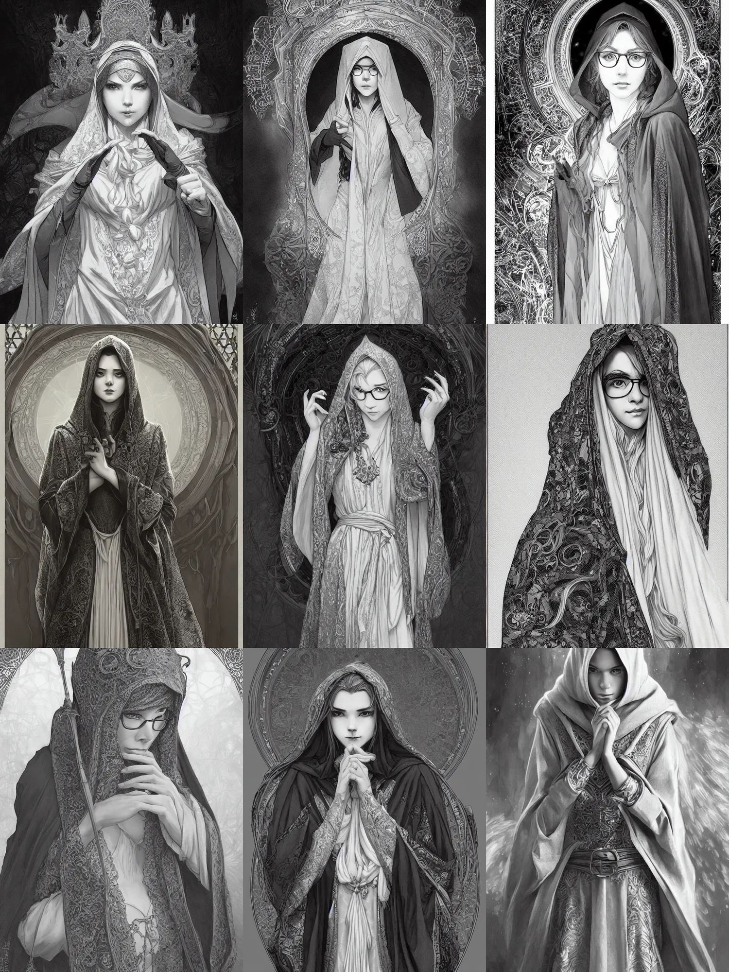 Prompt: picture of an adult female illusionist, female, elegant robes, intricate hood, small glasses, dnd, highly detailed, detailed face, grayscale, manga illustration, black and white, by artgerm, greg rutkowski, alphonse mucha