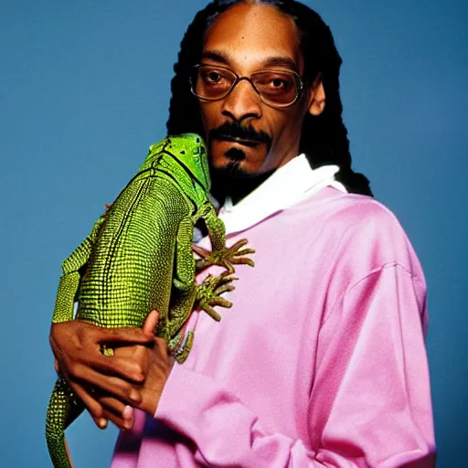 Prompt: Snoop Dogg holding his pet lizard for a 1990s sitcom tv show, Studio Photograph, portrait, C 12.0