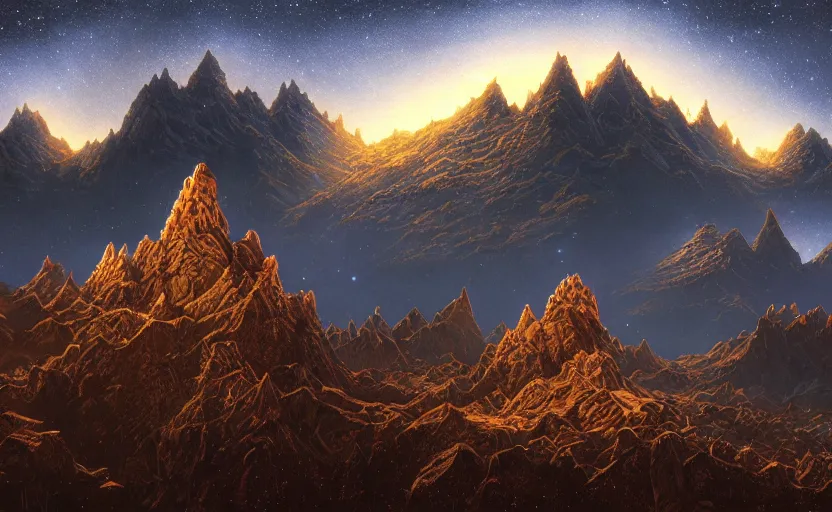 Prompt: mountains, stars and paisley filled sky, artstation, intricate, highly detailed, digital painting, concept art, sharp focus, illustration by Michael Whelan and Yoshitaka Amano