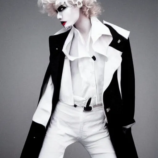 Image similar to kitsch fashion, trashy photo, androgynous people in white clothes, new age, vogue