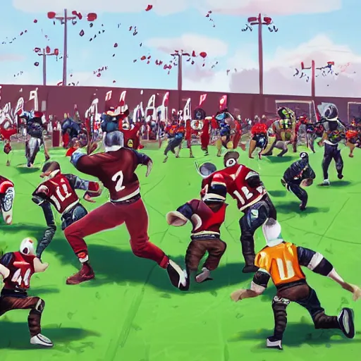 Image similar to high quality digital art of blood bowl teams fighting on a pitch, surrounded by crowds, good weather, referee blowing a whistle