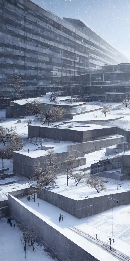 Prompt: brutalist architecture, hyperrealistic rendering, 4 k, tyndall effect, snow day ， by zaoeyo