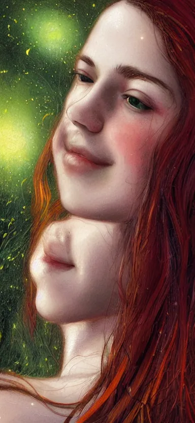 Image similar to infp young woman, smiling, amazed by golden fireflies lights, sitting in the midst of nature fully covered, long loose red hair, intricate linework, green eyes, small nose with freckles, oval shape face, realistic, expressive emotions, dramatic lights, spiritual scene, hyper realistic ultrafine art by cecco del caravaggio and albert bierstadt and artgerm