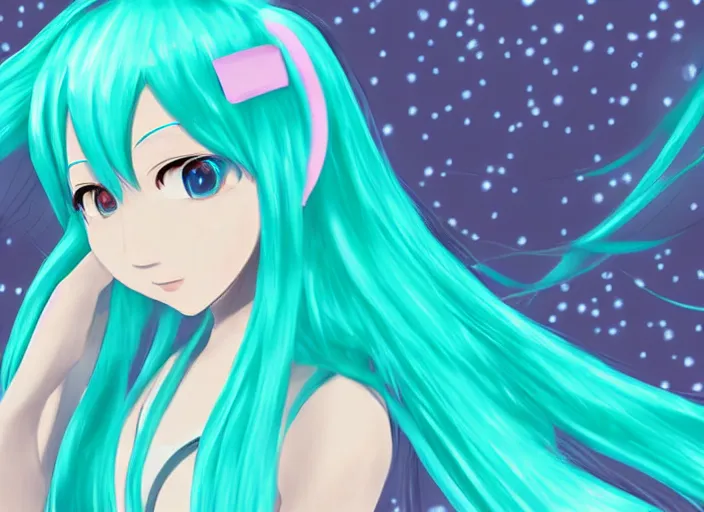 Image similar to Hatsune Miku digital art, watching the stars at night, beautiful contour shading