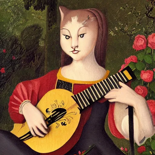 Prompt: cat with lute, sitting in the rose garden, medieval portrait, concept art, close up