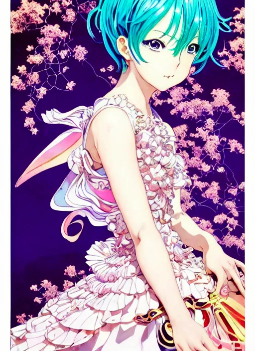 Image similar to manga poster of persona, rococo ruffles dress, pastel rainbow, pearlescent, shimmering, reflective, rim light, detailed background, by shigenori soejima. takeshi obata, minaba hideo, shigenori soejima, alphonse mucha, illustration,, artstation, pivix, concept art, highly detailed, colorful, maximalist