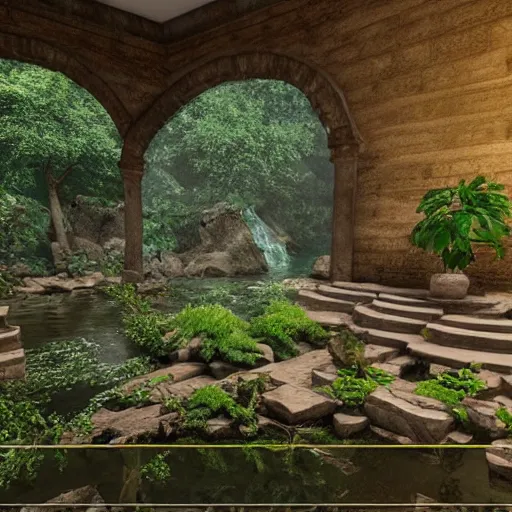 Prompt: Waterfalls and plants in a ancient greek interior,unreal engine,3d render