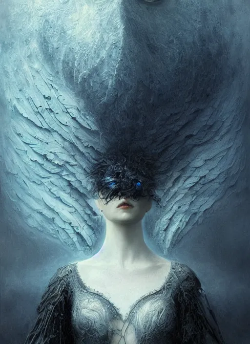 Image similar to Her huge ominous glowing blue eyes staring into my soul , perfect eyes, soft pale white skin, intricate stunning highly detailed, agostino arrivabene, Tomasz strzalkowski, twisted dark lucid dream, 8k portrait render, raven angel wings, swirling thick smoke , beautiful lighting, dark fantasy art, cgsociety