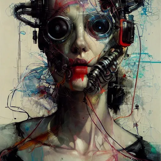 Image similar to female cyberpunk hacker dream thief, wires cybernetic implants, in the style of adrian ghenie, esao andrews, jenny saville,, surrealism, dark art by james jean, takato yamamoto