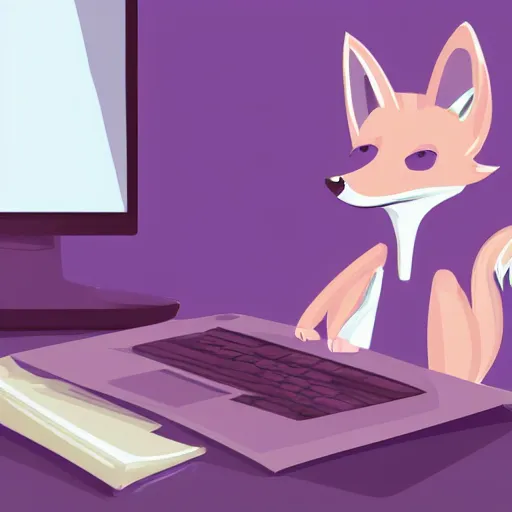 Image similar to A light pink fox with purple hair sits at a desk typing on a laptop with a cup of coffee, digital furry art, furry fandom