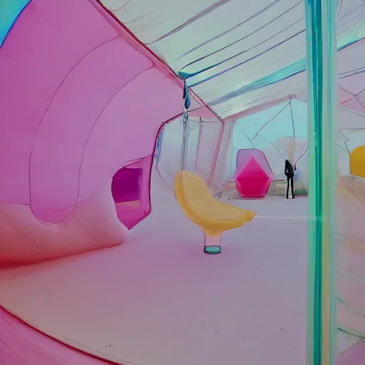 Image similar to a pastel colour high fidelity wide angle Polaroid art photo from a holiday album at a pink desert with abstract inflatable parachute furniture, all objects made of transparent iridescent Perspex and metallic silver, no people, iridescence, nostalgic