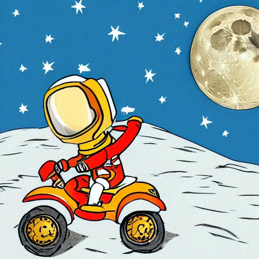 Image similar to cartoon of monkey wearing a space helmet riding an atv on the moon,