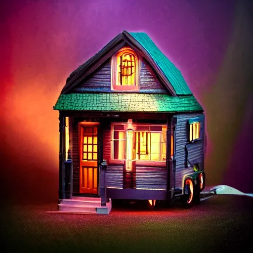 Prompt: strange tiny house by Tim Burton, dark background, volumetric lighting