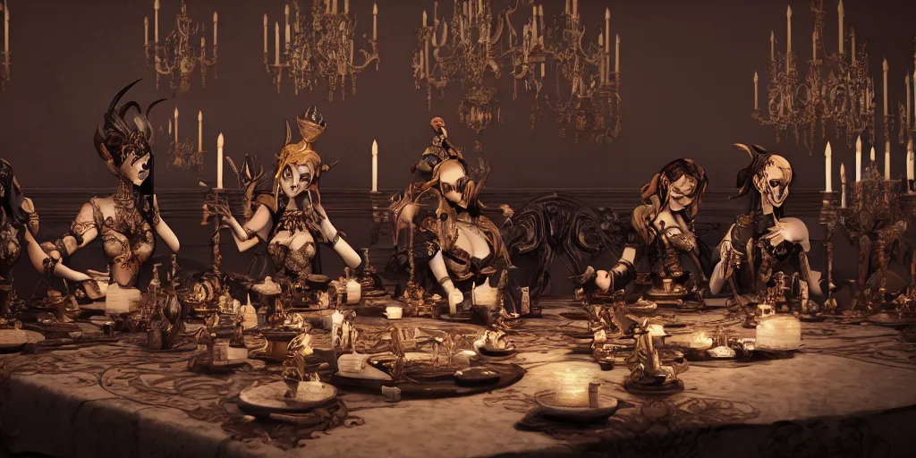 Image similar to dark witches sitting at a table doing a ritual. Ornate details, award winning. Octane render, 4k, 8k, unreal 5, very detailed, hyper control-realism, trending on artstation.”