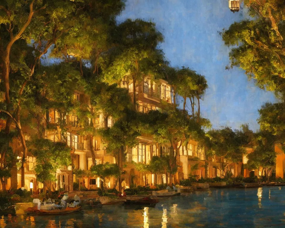 Prompt: an achingly beautiful oil painting of a vibrant Mediterranean four seasons hotel, lit by glowing lanterns and covered in ivy, on the shores of a volcanic lagoon by Raphael and Hopper. detailed, romantic, trending on artstation.