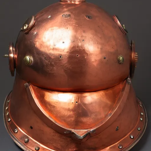 Image similar to a photo of an old copper deep diving helmet mixed with a knights helmet, royal details, ornamented, victorian, f 2. 8