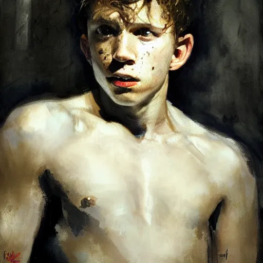 Prompt: portrait of an emotional tom holland as spiderman, by jeremy mann, anders zorn.