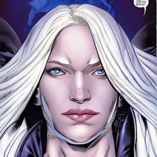 Image similar to Portrait of Emma Frost, a beautiful woman in her 30s, with white blonde hair and blue eyes, symmetrical face, detailed delicate features, graphic novel, art by Ardian Syaf and Chris Bachalo,