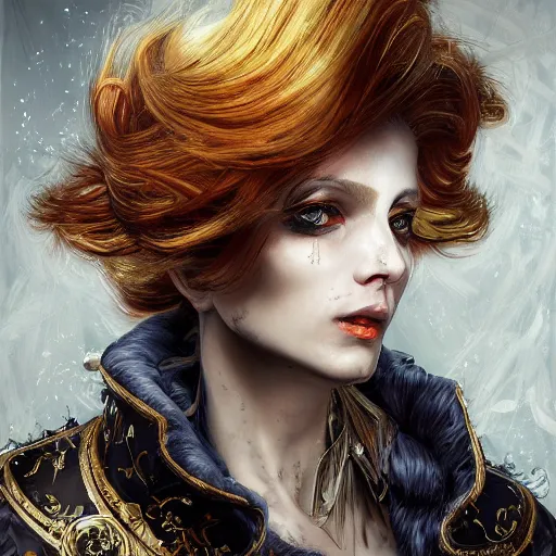 Image similar to portrait, headshot, insanely nice professional hair style, dramatic hair color, digital painting, of a old 17th century, old cyborg merchant, amber jewels, baroque, ornate clothing, scifi, realistic, hyperdetailed, chiaroscuro, concept art, art by Franz Hals and Jon Foster and Ayami Kojima and Amano and Karol Bak,