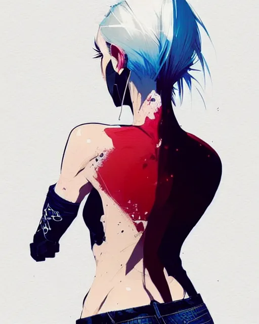 Prompt: a ultradetailed beautiful back painting of a stylish woman with white hair in a short pony tail, she is wearing jeans, by conrad roset, greg rutkowski and makoto shinkai trending on artstation